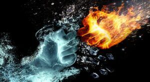 fire and water, fight, hands
